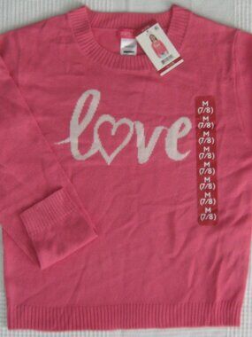 NWT Zunie Girls LOVE Sweater Crewneck Pink Lightweight Acrylic Knit Size M 7/8